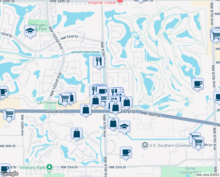 map of restaurants, bars, coffee shops, grocery stores, and more near 9600 Northwest 96th Avenue in Doral