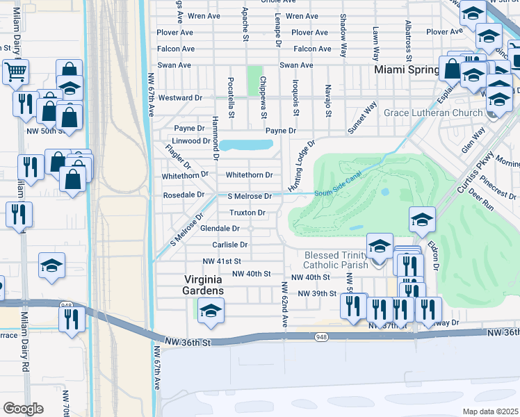 map of restaurants, bars, coffee shops, grocery stores, and more near 10 South Melrose Drive in Miami Springs