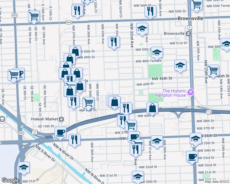 map of restaurants, bars, coffee shops, grocery stores, and more near 4551 Northwest 33rd Court in Miami