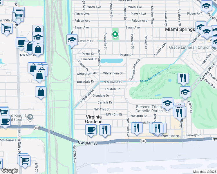 map of restaurants, bars, coffee shops, grocery stores, and more near 100 South Melrose Drive in Miami Springs