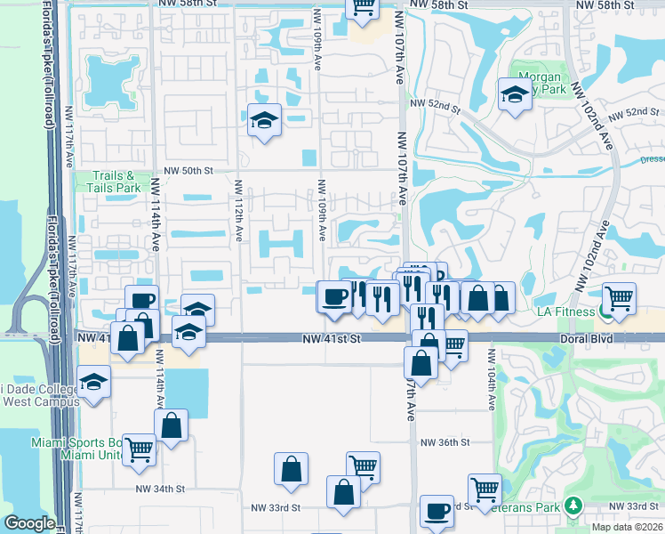 map of restaurants, bars, coffee shops, grocery stores, and more near 250 Northwest 107th Avenue in Doral