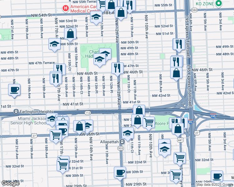 map of restaurants, bars, coffee shops, grocery stores, and more near 4232 Northwest 11th Place in Miami