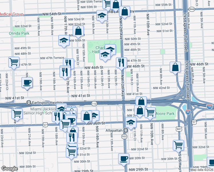 map of restaurants, bars, coffee shops, grocery stores, and more near 1327 Northwest 43rd Street in Miami