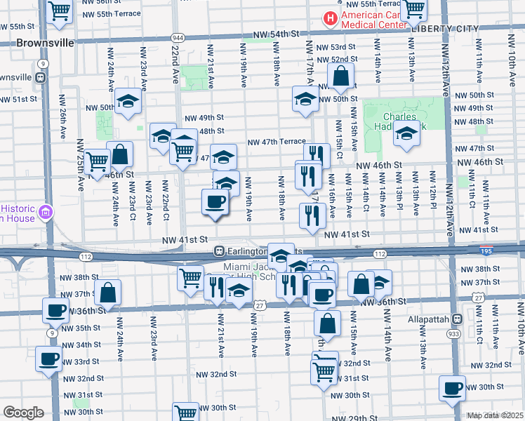 map of restaurants, bars, coffee shops, grocery stores, and more near 1859 Northwest 43rd Street in Miami