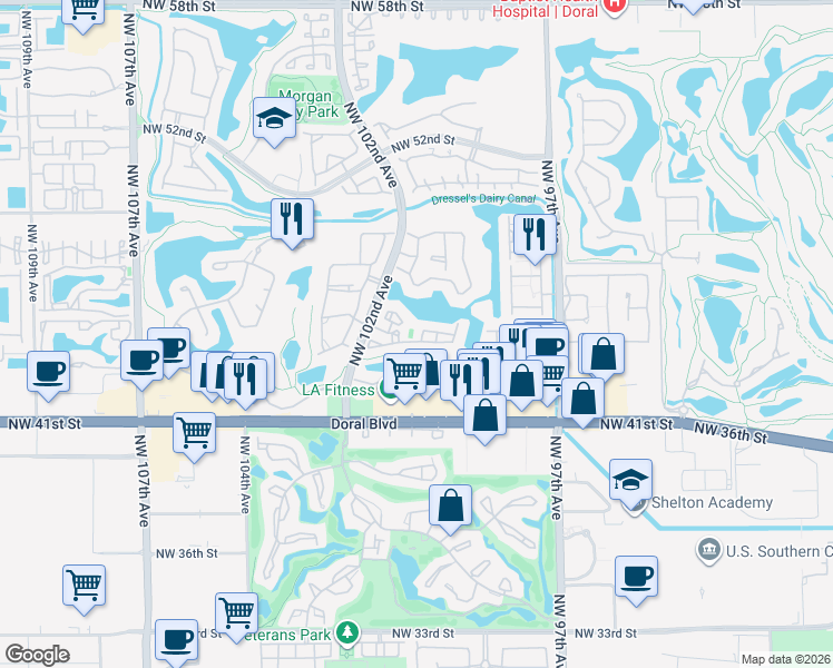 map of restaurants, bars, coffee shops, grocery stores, and more near 7770 Northwest 46th Street in Miami