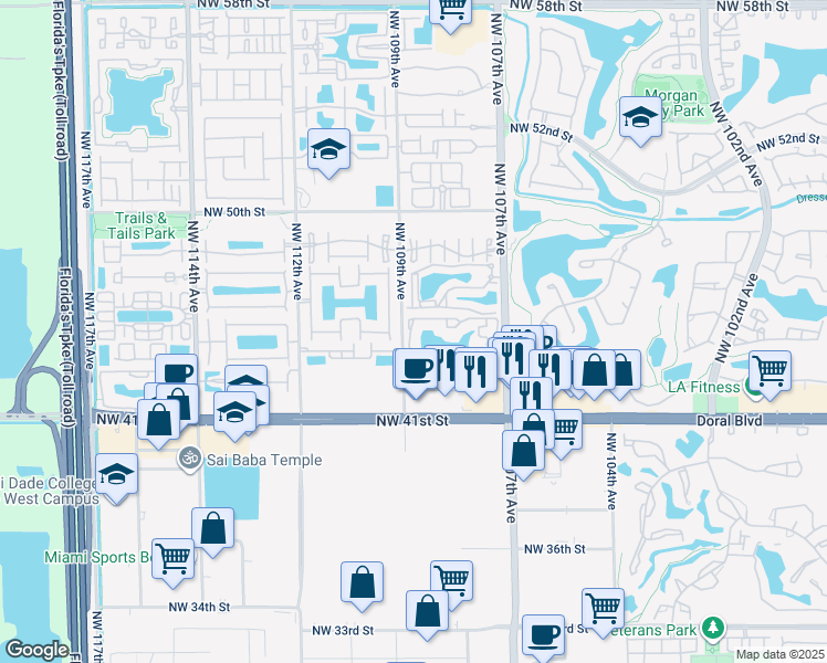 map of restaurants, bars, coffee shops, grocery stores, and more near 250 Northwest 107th Avenue in Doral