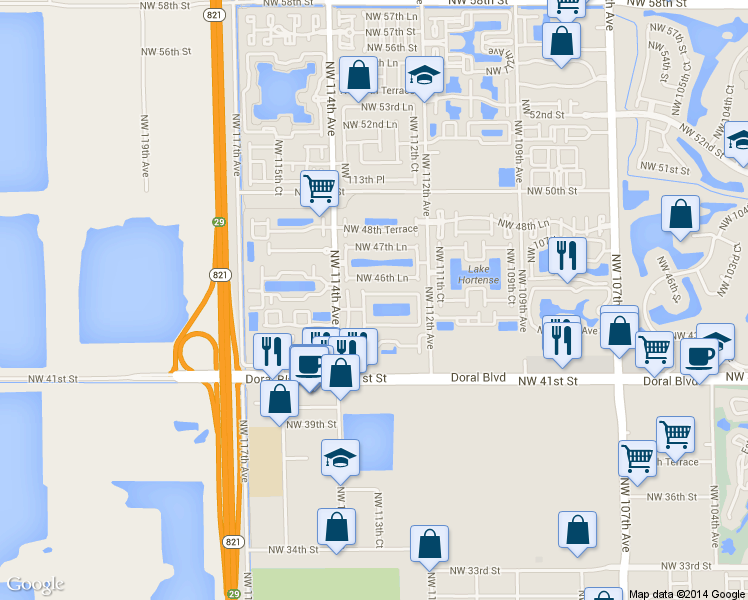 map of restaurants, bars, coffee shops, grocery stores, and more near 4432 Northwest 113th Court in Doral