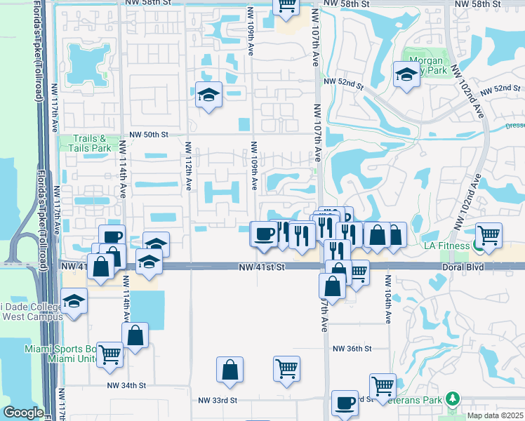 map of restaurants, bars, coffee shops, grocery stores, and more near 250 Northwest 107th Avenue in Doral