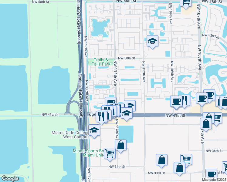 map of restaurants, bars, coffee shops, grocery stores, and more near 4500 Northwest 114th Avenue in Doral