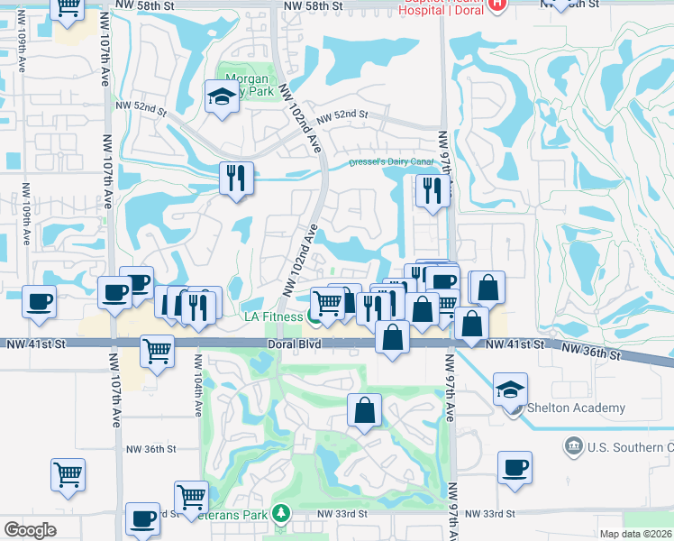 map of restaurants, bars, coffee shops, grocery stores, and more near 7770 Northwest 46th Street in Miami