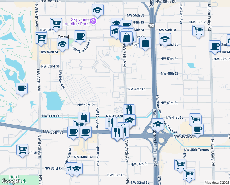 map of restaurants, bars, coffee shops, grocery stores, and more near 4400 Northwest 79th Avenue in Doral