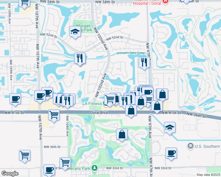 map of restaurants, bars, coffee shops, grocery stores, and more near 7770 Northwest 46th Street in Miami