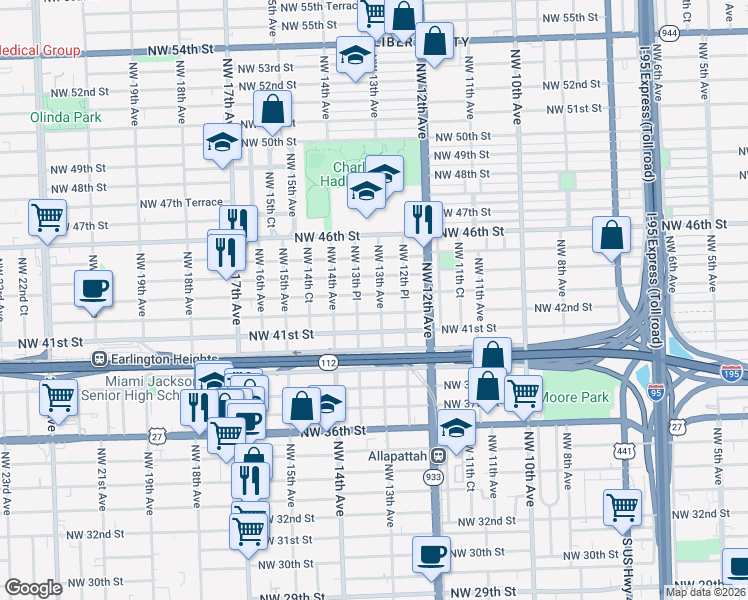 map of restaurants, bars, coffee shops, grocery stores, and more near 1327 Northwest 43rd Street in Miami
