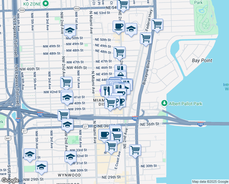 map of restaurants, bars, coffee shops, grocery stores, and more near 150 Northeast 42nd Street in Miami