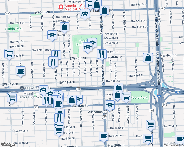 map of restaurants, bars, coffee shops, grocery stores, and more near 1292 Northwest 43rd Street in Miami