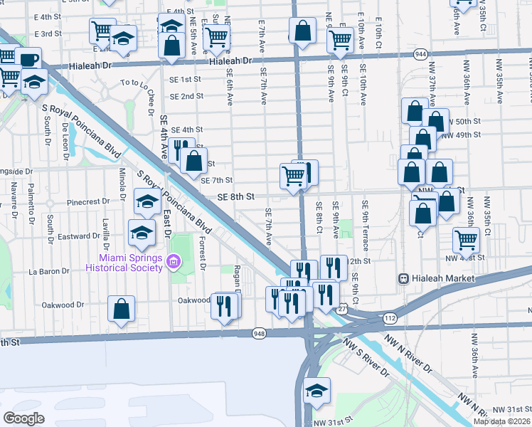 map of restaurants, bars, coffee shops, grocery stores, and more near 711 Southeast 8th Place in Hialeah