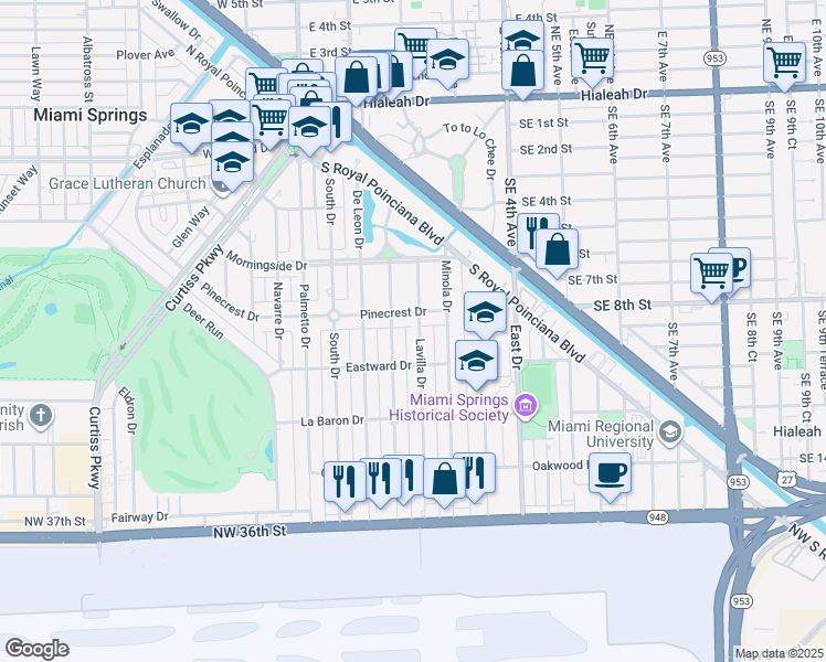 map of restaurants, bars, coffee shops, grocery stores, and more near 324 Lavilla Drive in Miami Springs
