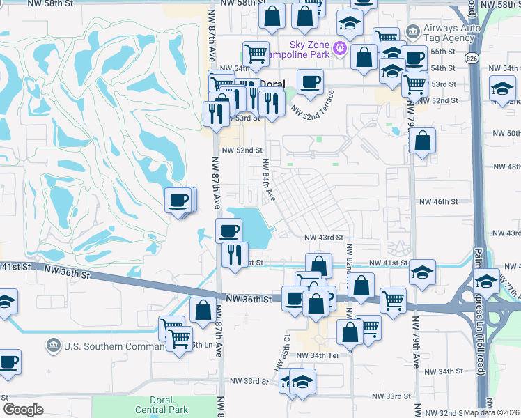 map of restaurants, bars, coffee shops, grocery stores, and more near 4761 Northwest 85th Avenue in Doral