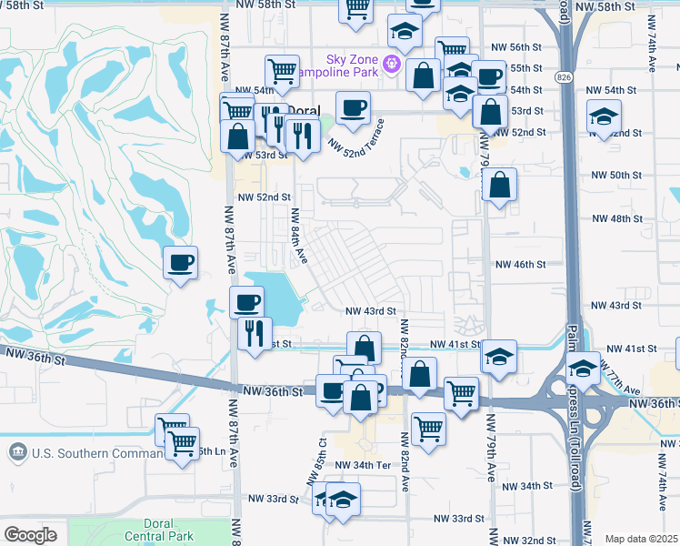 map of restaurants, bars, coffee shops, grocery stores, and more near 4663 Northwest 83rd Path in Doral