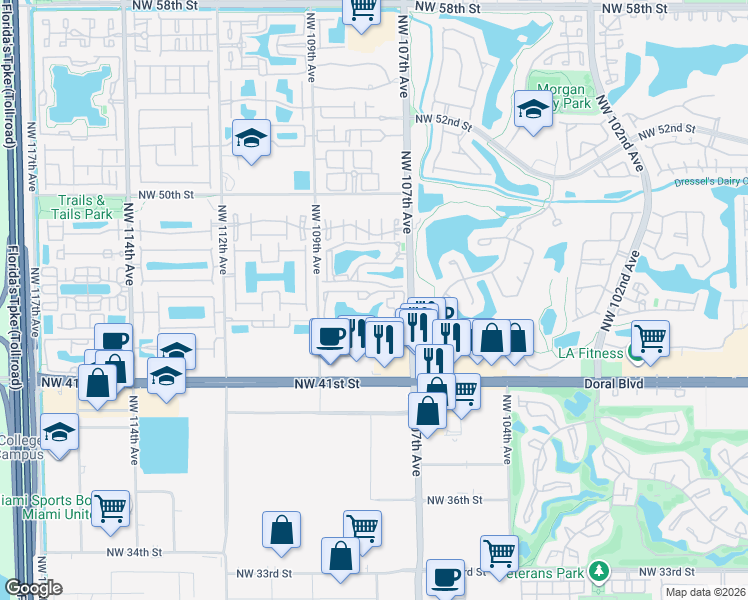 map of restaurants, bars, coffee shops, grocery stores, and more near 333 Northwest 107th Avenue in Doral