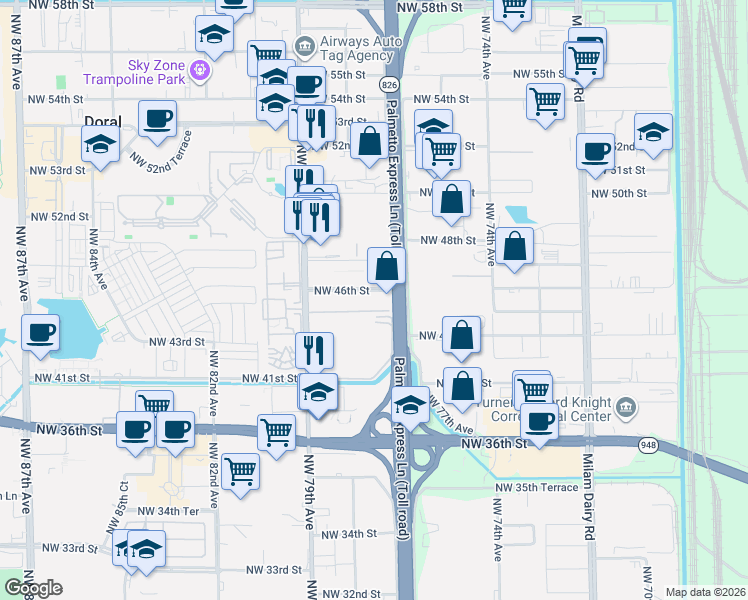 map of restaurants, bars, coffee shops, grocery stores, and more near 7754 Northwest 46th Street in Doral