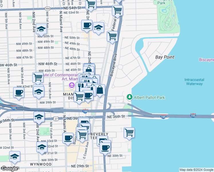map of restaurants, bars, coffee shops, grocery stores, and more near 4160 Bay Point Road in Miami