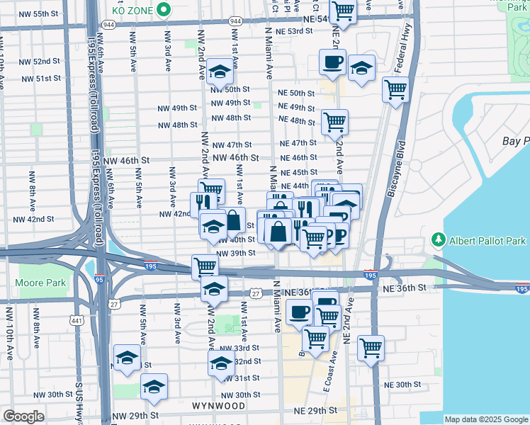 map of restaurants, bars, coffee shops, grocery stores, and more near 32 Northwest 42nd Street in Miami