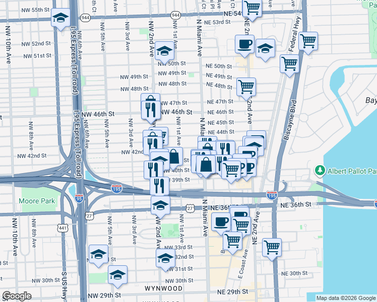 map of restaurants, bars, coffee shops, grocery stores, and more near 4185 Northwest 1st Avenue in Miami