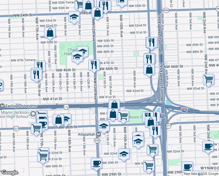 map of restaurants, bars, coffee shops, grocery stores, and more near 4230 Northwest 11th Avenue in Miami