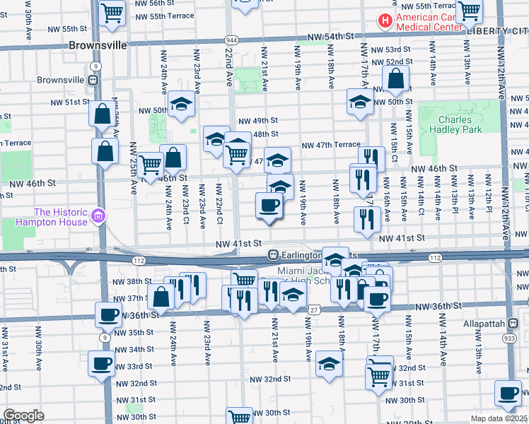 map of restaurants, bars, coffee shops, grocery stores, and more near 2100 Northwest 44th Street in Miami