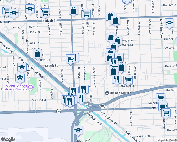 map of restaurants, bars, coffee shops, grocery stores, and more near 840 Southeast 9th Court in Hialeah