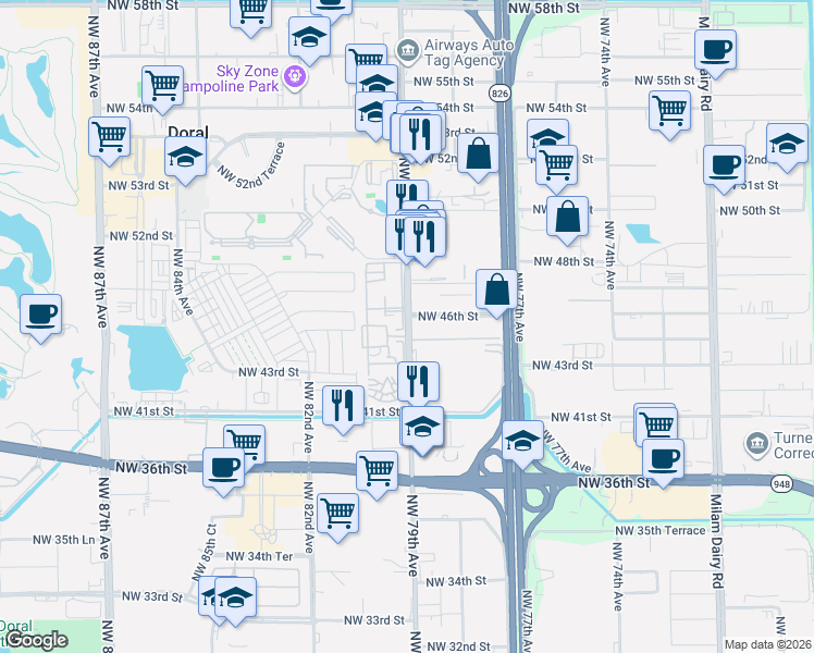 map of restaurants, bars, coffee shops, grocery stores, and more near 7878 Northwest 46th Street in Doral