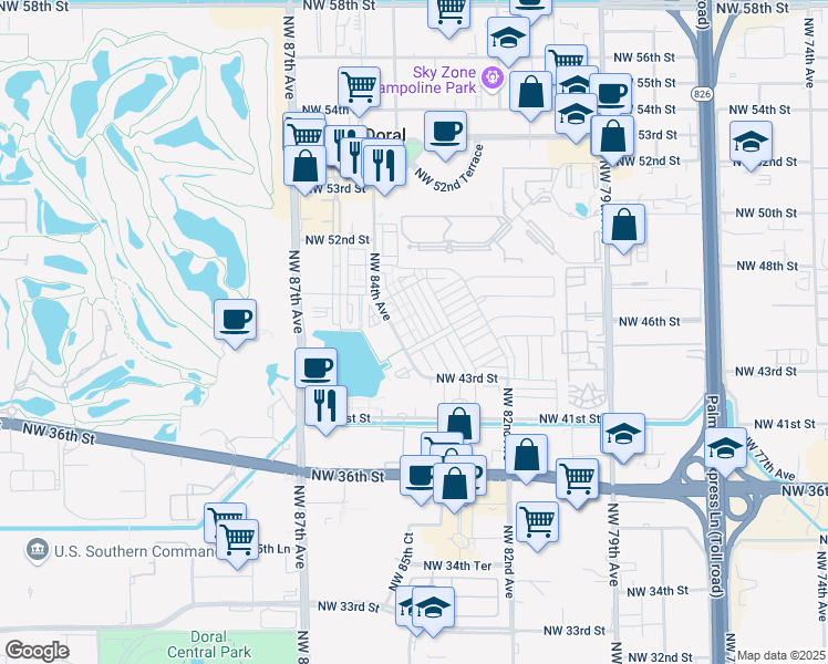 map of restaurants, bars, coffee shops, grocery stores, and more near 4663 Northwest 83rd Path in Doral