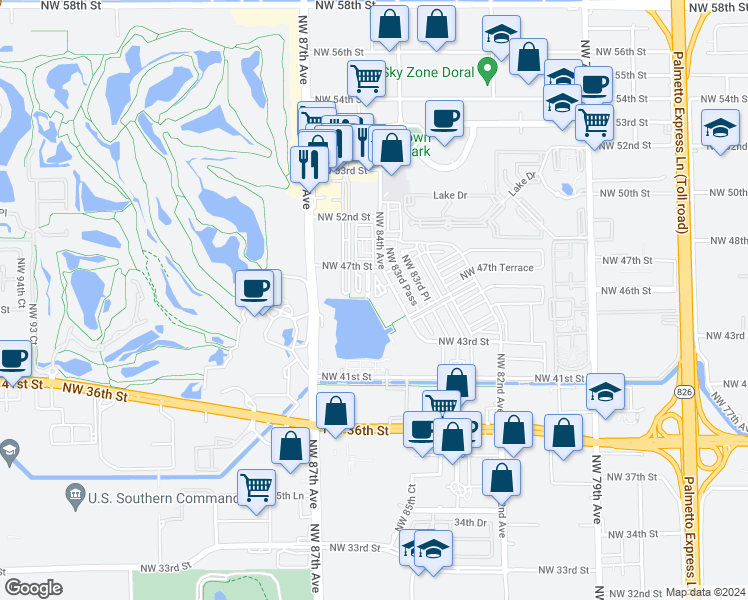 map of restaurants, bars, coffee shops, grocery stores, and more near 4761 Northwest 85th Avenue in Doral