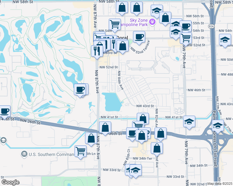 map of restaurants, bars, coffee shops, grocery stores, and more near 4761 Northwest 85th Avenue in Doral