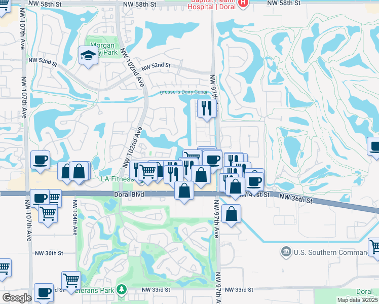 map of restaurants, bars, coffee shops, grocery stores, and more near 9817 Northwest 45th Lane in Doral