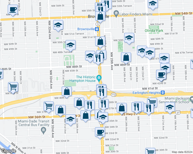 map of restaurants, bars, coffee shops, grocery stores, and more near 2723 Northwest 43rd Terrace in Miami