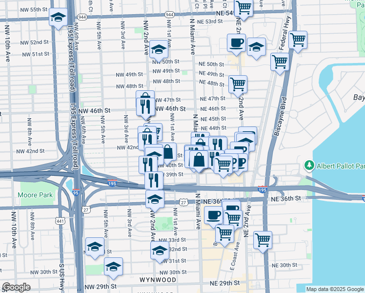 map of restaurants, bars, coffee shops, grocery stores, and more near 4185 Northwest 1st Avenue in Miami