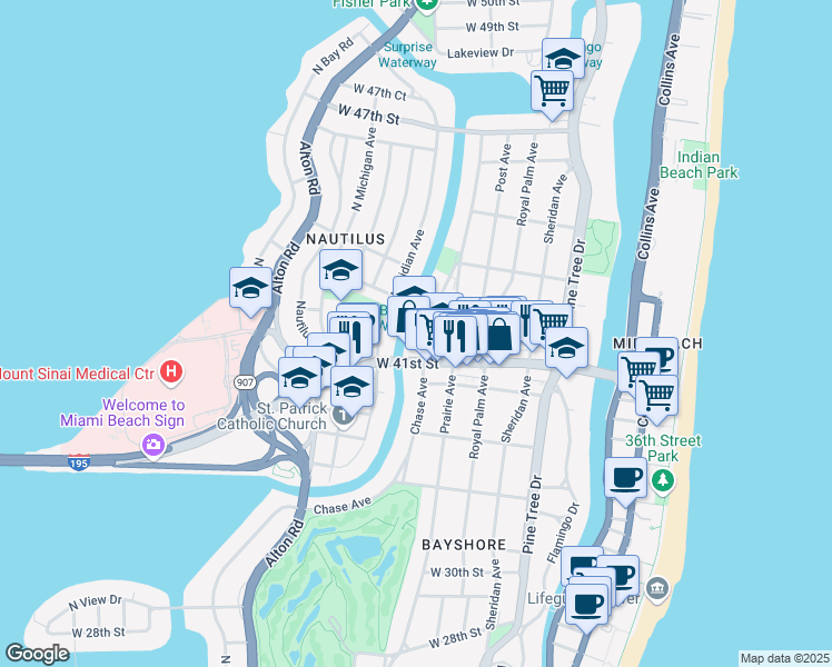 map of restaurants, bars, coffee shops, grocery stores, and more near 4144 Chase Avenue in Miami Beach