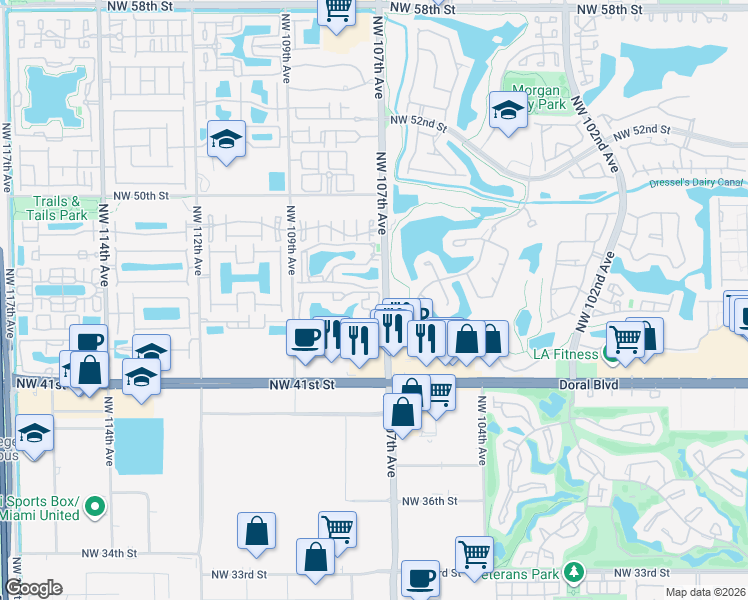 map of restaurants, bars, coffee shops, grocery stores, and more near 4580 Northwest 107th Avenue in Doral