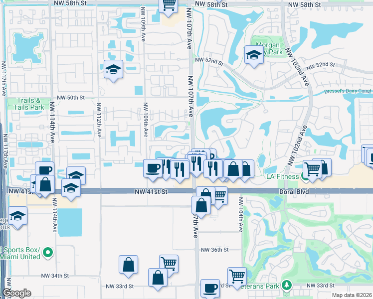 map of restaurants, bars, coffee shops, grocery stores, and more near 4580 Northwest 107th Avenue in Doral