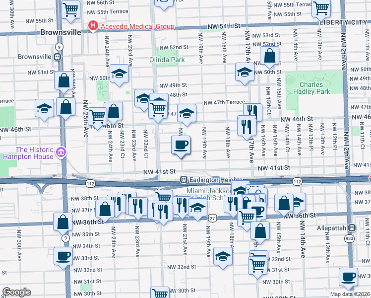 map of restaurants, bars, coffee shops, grocery stores, and more near 2100 Northwest 44th Street in Miami