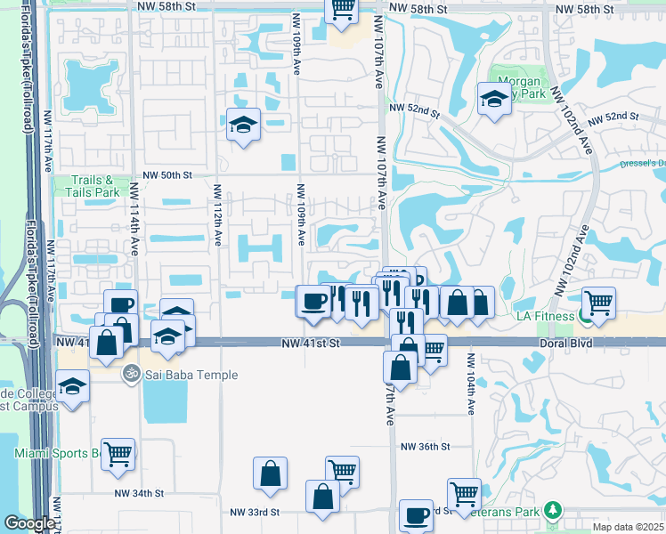 map of restaurants, bars, coffee shops, grocery stores, and more near 333 Northwest 107th Avenue in Doral