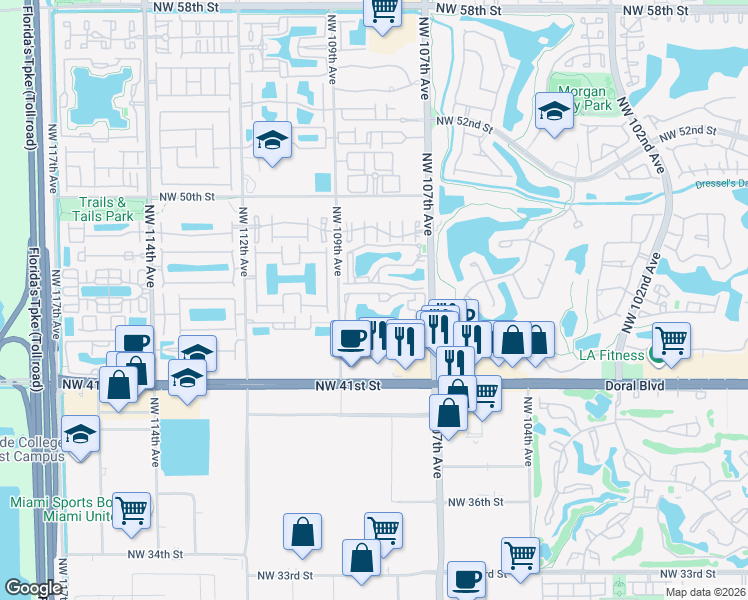 map of restaurants, bars, coffee shops, grocery stores, and more near 333 Northwest 107th Avenue in Doral