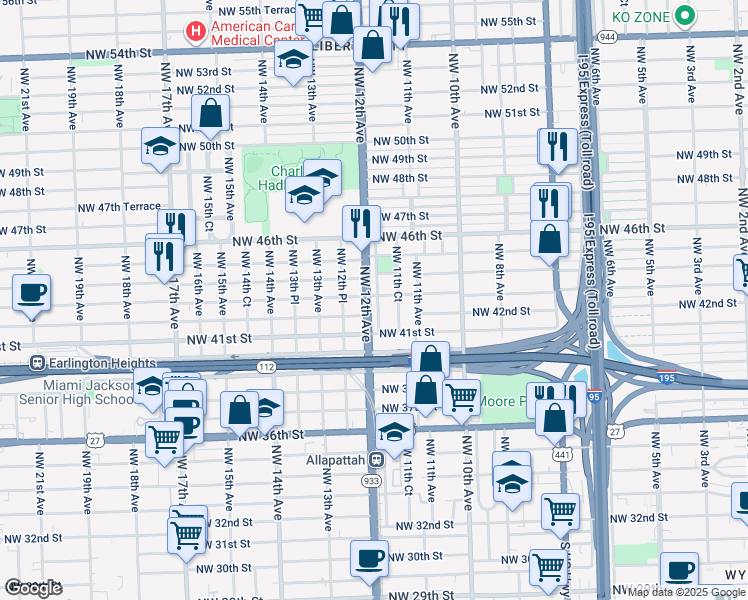 map of restaurants, bars, coffee shops, grocery stores, and more near 4232 Northwest 11th Place in Miami
