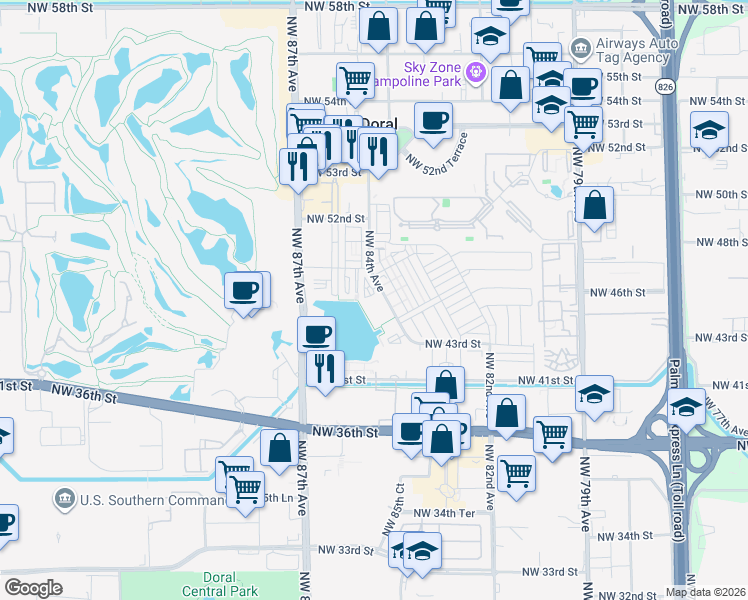 map of restaurants, bars, coffee shops, grocery stores, and more near 4696 Northwest 84th Avenue in Doral