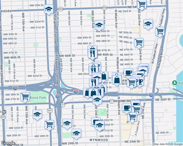 map of restaurants, bars, coffee shops, grocery stores, and more near 243 Northwest 42nd Street in Miami