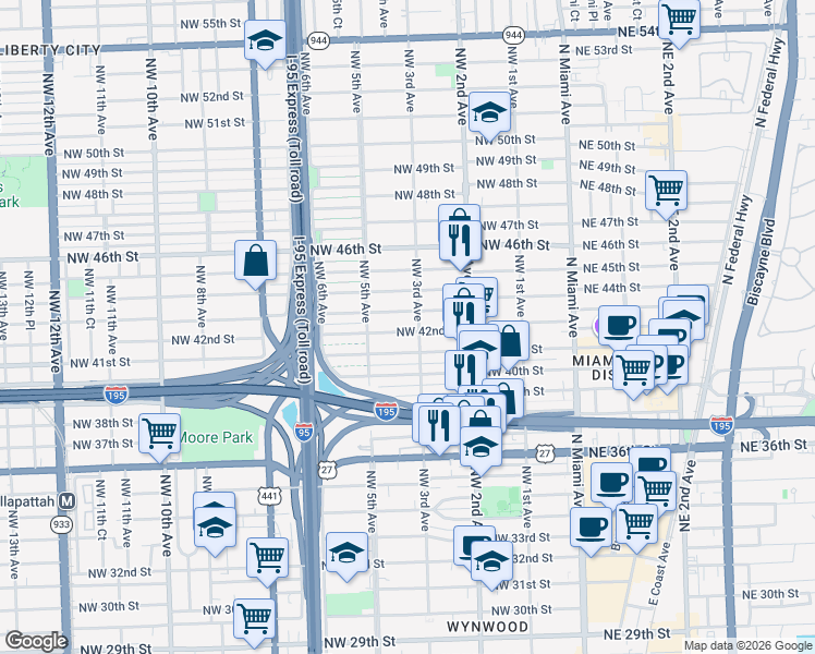 map of restaurants, bars, coffee shops, grocery stores, and more near 4212 Northwest 3rd Avenue in Miami