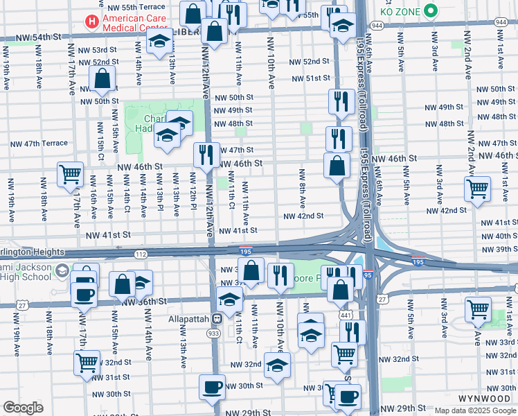 map of restaurants, bars, coffee shops, grocery stores, and more near 1016 Northwest 43rd Street in Miami