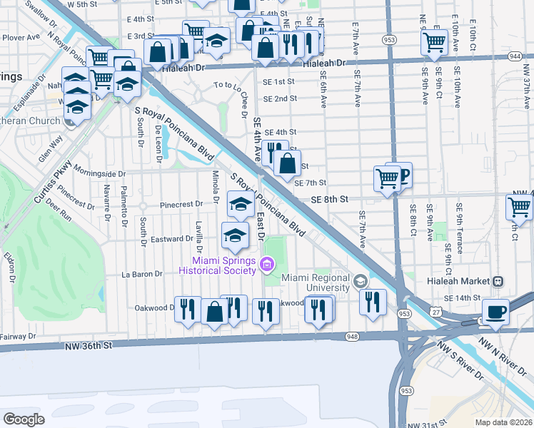 map of restaurants, bars, coffee shops, grocery stores, and more near 240 South Royal Poinciana Boulevard in Miami Springs